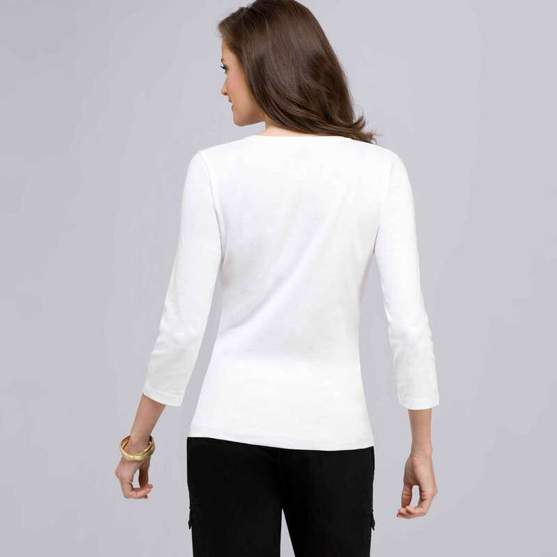 3/4 Sleeve V-Neck Top, White, large