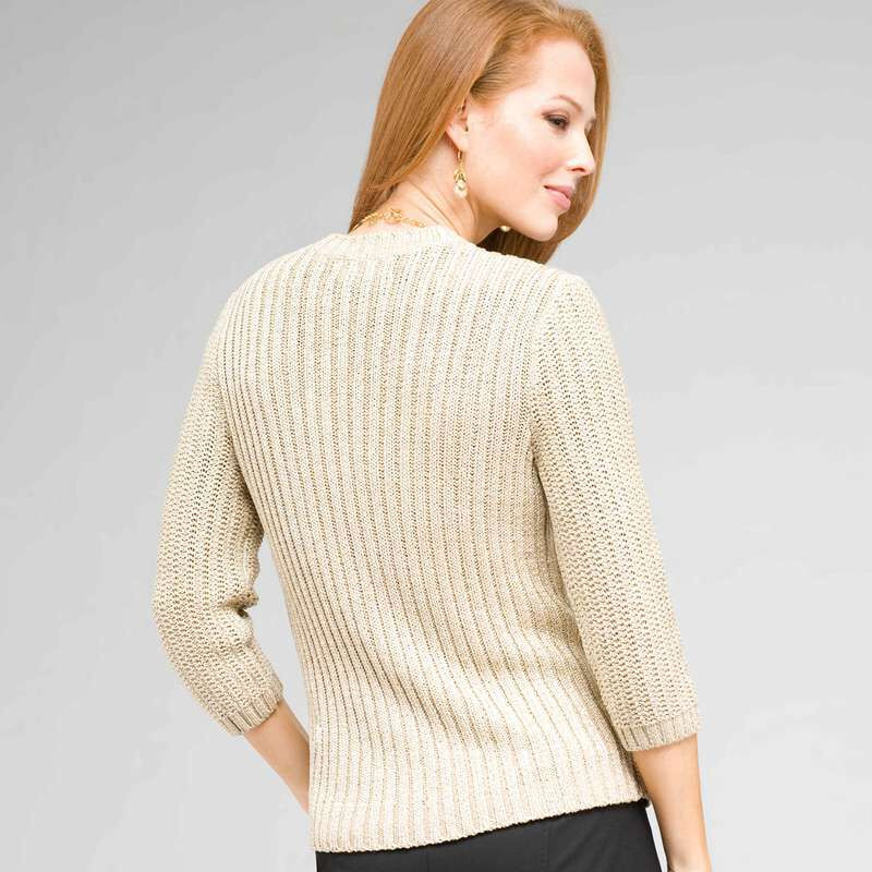 3/4 Sleeve V-Neck Cardigan, Ivory/Gold, large