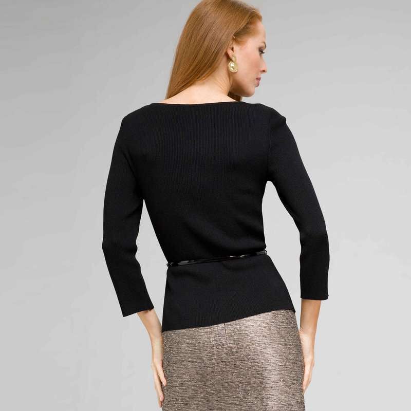 Belted Ribbed Boat Neck Sweater, Black, large