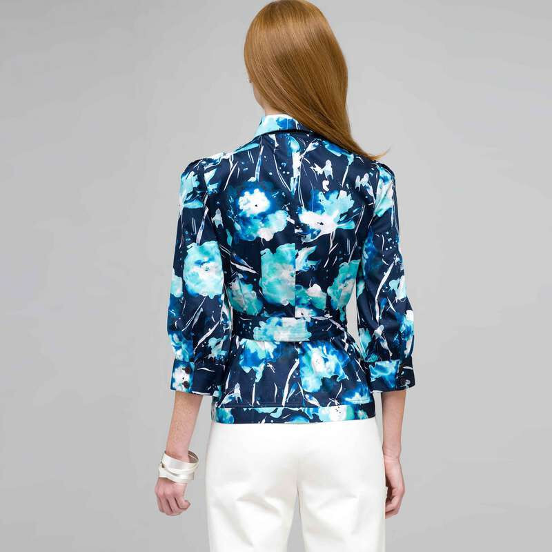 3/4 Button Down Top with Tie Front, Surf Spray & Navy, large