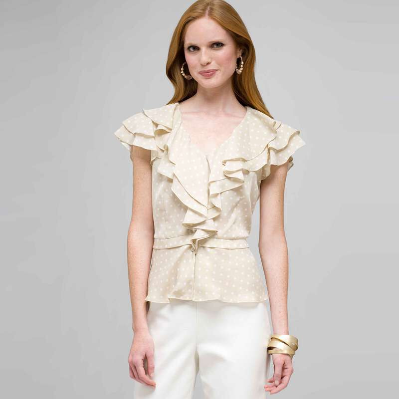 Polka Dot Ruffle Front Button Down Shirt, Dark Stone & White, large