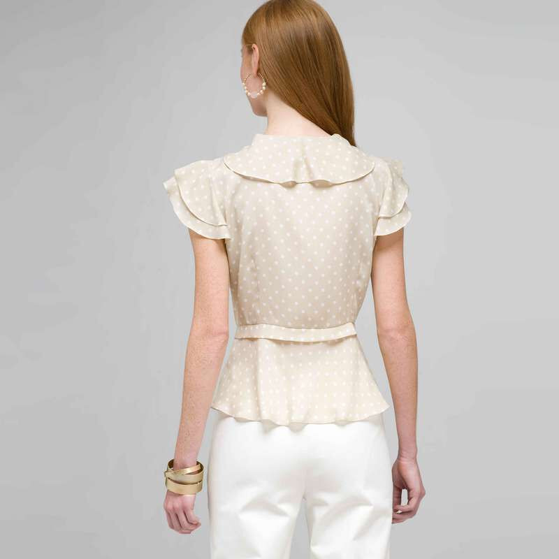 Polka Dot Ruffle Front Button Down Shirt, Dark Stone & White, large