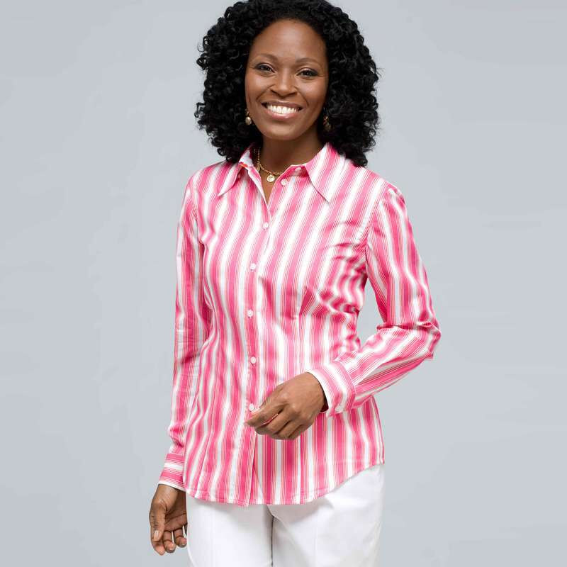 Striped Button Down Shirt, Hot Pink Combo, large