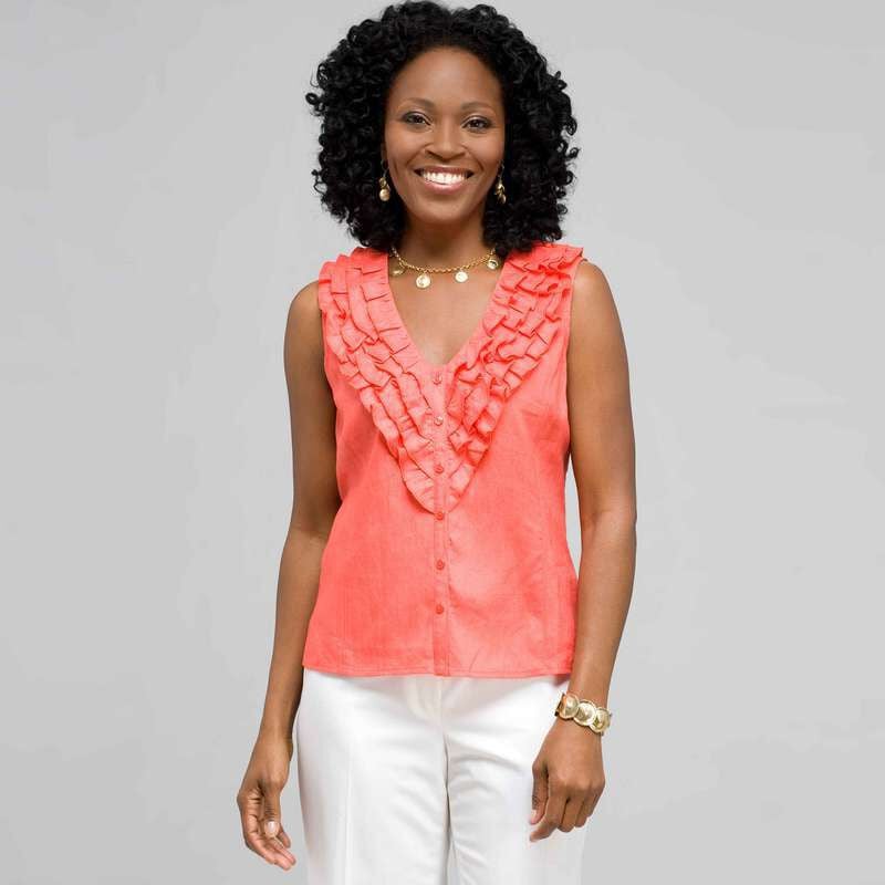 Ruffle Sleeveless Shirt, Coral Sun, large