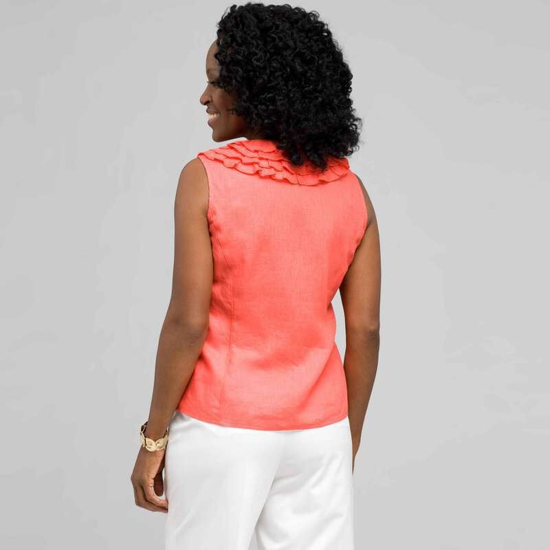 Ruffle Sleeveless Shirt, Coral Sun, large