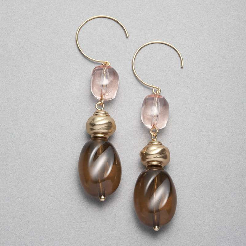 Brown and Pink Drop Earrings, Gold, large