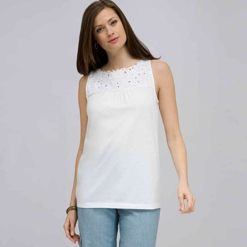 Embroidered Boat Neck Top., White, large
