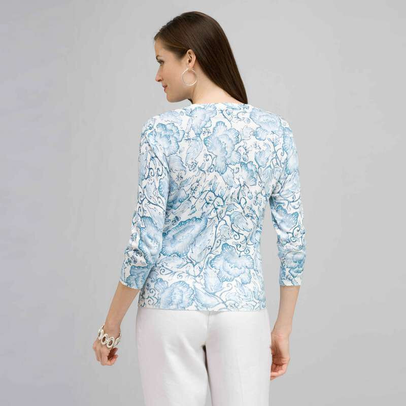 3/4 Sleeve Button Front Crew Neck Cardigan., Multi, large