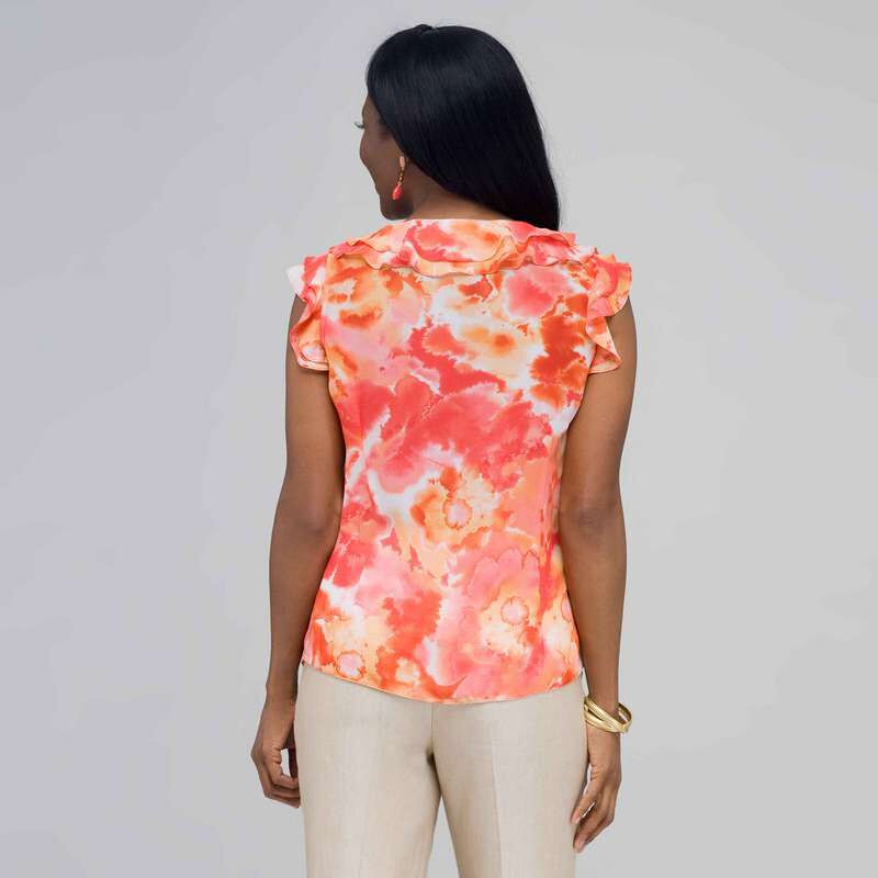 Ruffle Neckline Button Down Blouse, New Coral Multi, large