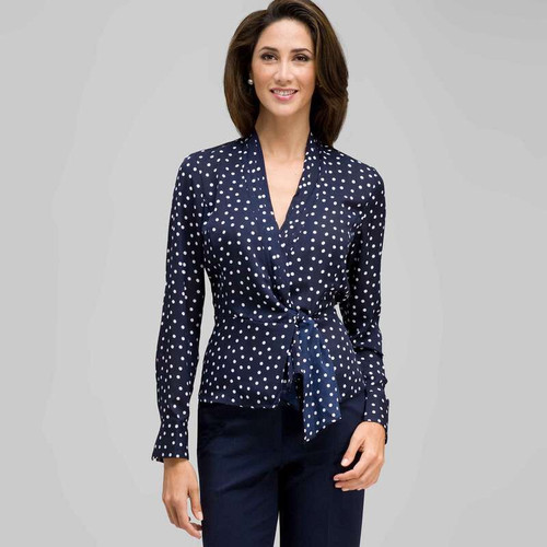 Long Sleeve Tie Front Blouse, Admiral Navy & White, large