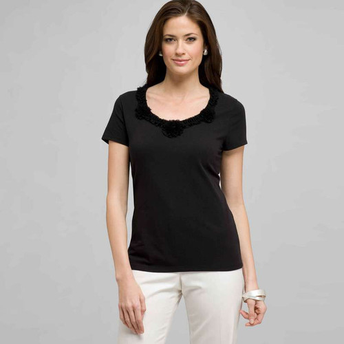 Flower Embellishment Tee, Black, large