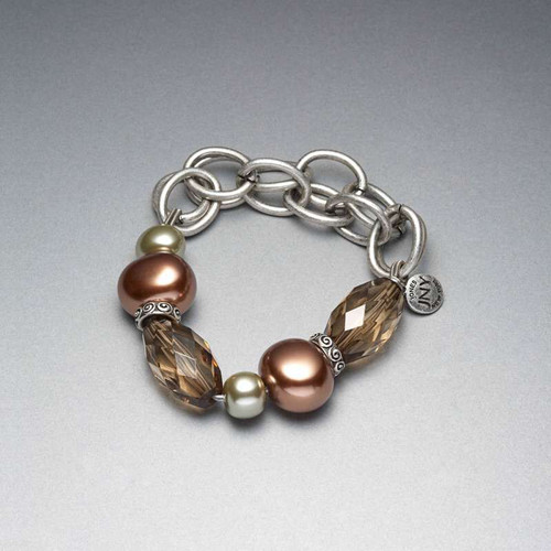 Green and Brown Beaded Frontal Collar Bracelet, Silver Ox, large