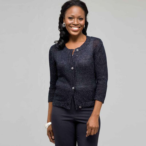 3/4 Sleeve Button Front Cardigan, Ink & Silver, large