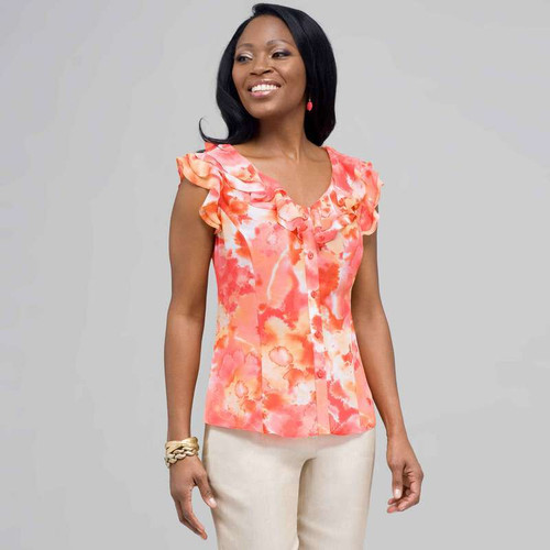 Ruffle Neckline Button Down Blouse, New Coral Multi, large