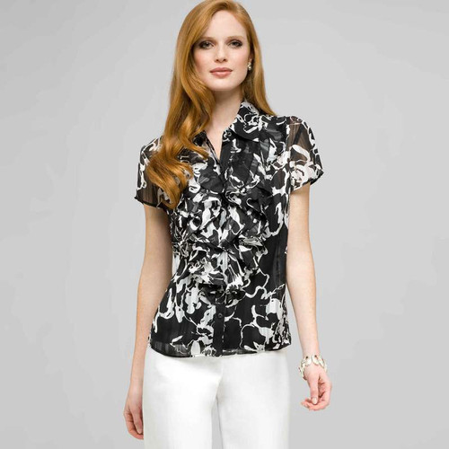Ruffle Cascade Blouse., Black & White, large