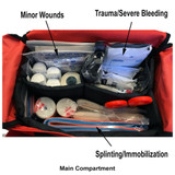 First Responder Vehicle Kit by rescue essentials, close up of contents in top compartment