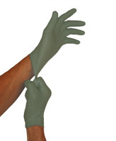 Defender T Olive Drab Nitrile Gloves, on left hand