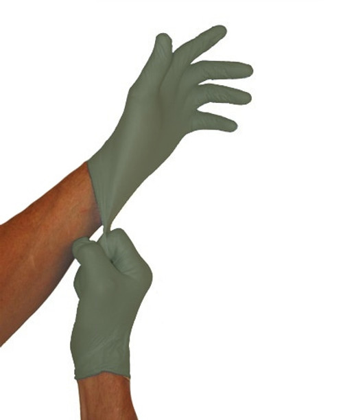 Defender T Olive Drab Nitrile Gloves, on left hand