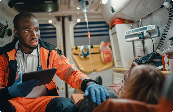 EMS first responder prepared with trauma equipment in the field