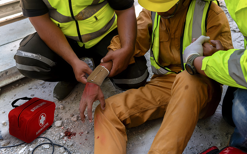 First responders applying a pressure dressing to a wrist wound at a construction site