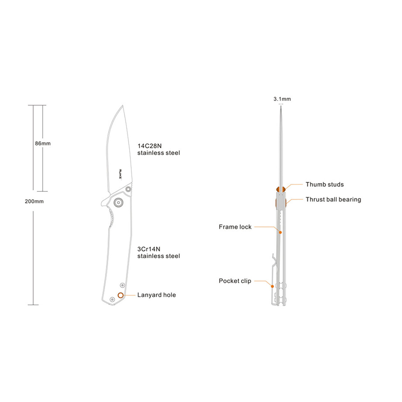 Ruike P801 EDC Folding Knife, Black Stonewash