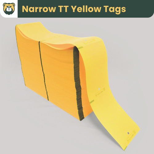 Grizzly Narrow Rebar Tags, 4.5 in W x 6.5 in L, Matte TT Yellow Film, Fanfold, Black Mark Sensor, 2450 Tags/Stack, 1 Stack/Case, 1 Case (2450 Tags)