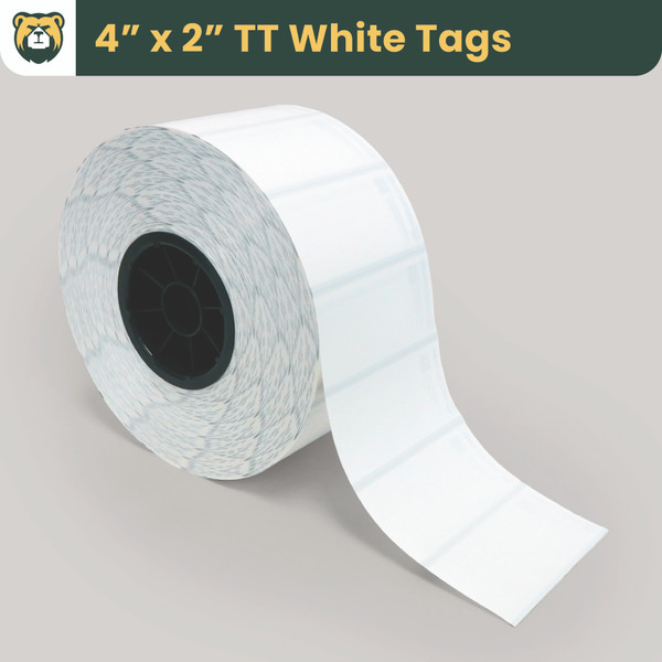Grizzly Truss Tag Roll, 4 in W x 2 in L, White TT White Film, Rolled, Black Mark Sensor, 2950 Tags/Roll, 4 Rolls/Case, 1 Case (11800 Tags)