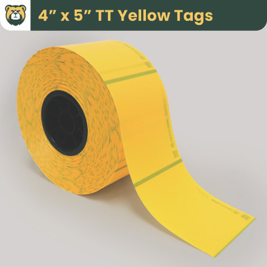 Grizzly Truss Tags: 4 in W x 5 in L, Matte TT Yellow Film, Rolls, 8 in OD, 3 in Core, Black Mark Sensor, 1200 Tags/Roll, 4 Rolls/Case, 1 Case (4800 Tags), NO RIBBON