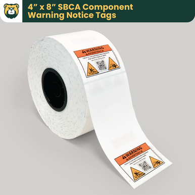 4 in W x 8 in L SBCA Component Warning Notice Truss Tags, Matte TT White Film, Rolls, 8 in OD, 3 in Core, Black Mark Sensor, 800 Tags/Roll, 4 Rolls/Case, 1 Case (3200 Tags), GrizzlyTags