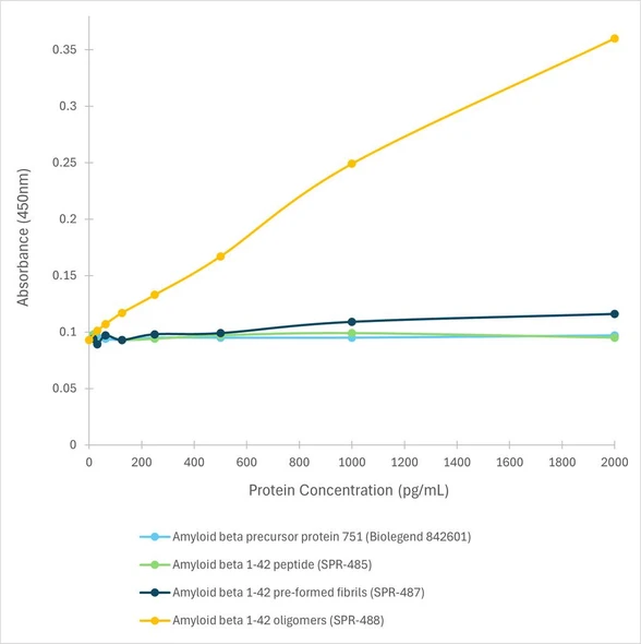 Western blot analysis comparing detection of Amyloid Beta 1-42 constructs (amyloid beta 1-42 peptide; amyloid beta 1-42 oligomers; amyloid beta 1-42 pre-formed fibrils; amyloid beta pyroglutamate 3-42 pre-formed fibrils). Block: 5% skim milk. Primary Antibodies: Rabbit Anti-Amyloid Beta 1-42 oligomer monoclonal antibody (STMA00222, clone 1A2) & Mouse Anti-Amyloid Beta 1-16 monoclonal antibody (Biolegend 803001, clone 6E10).