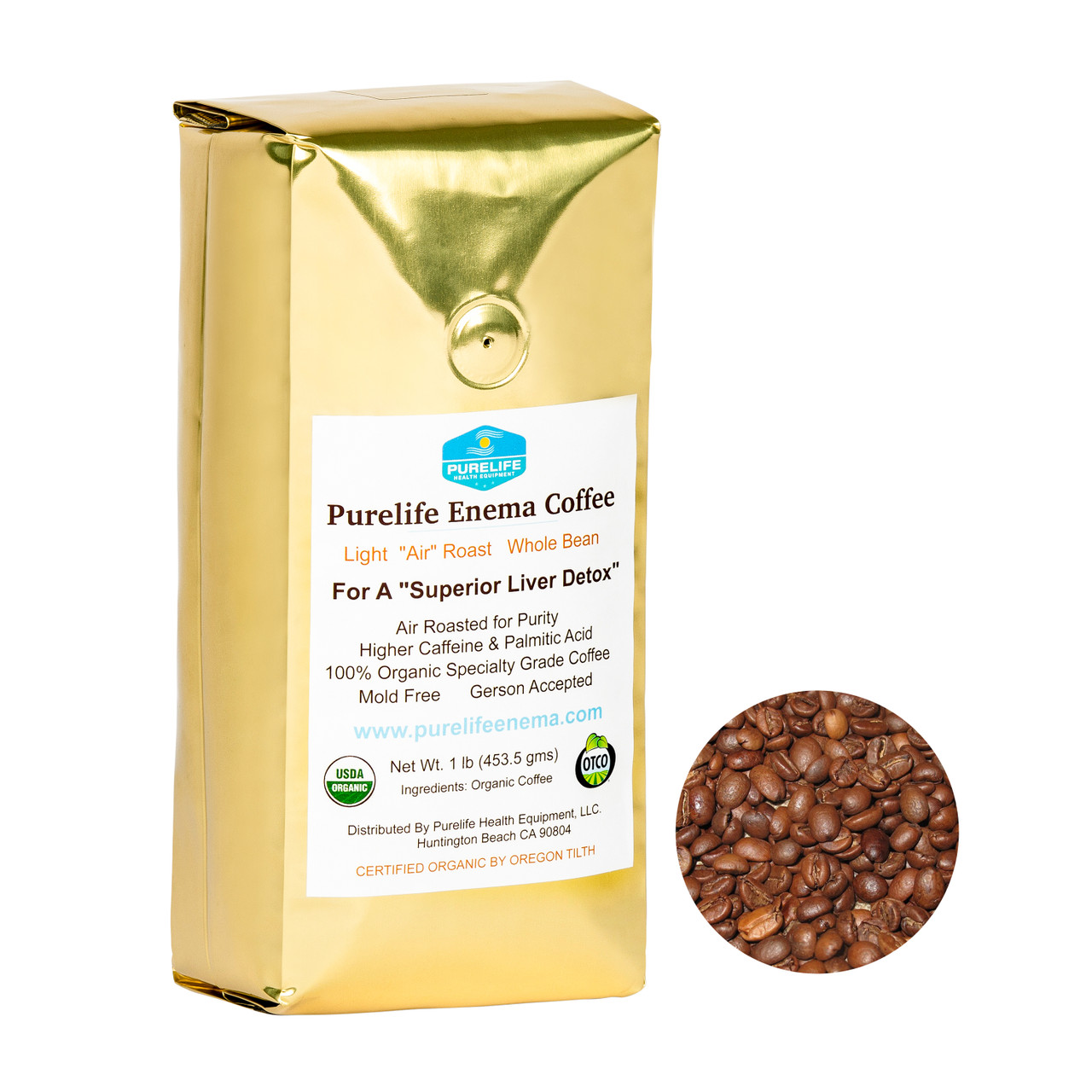 Purelife Organic Enema Coffee / 1 Lb / Light Air Roast / WHOLE