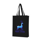 A black non-woven bag with a large gusset featuring a logo of a stylised deer.