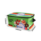 A green sublimation shoulder cooler bag with colourful graphics and a logo, featuring dimensions of 340mm x 200mm x 170mm.