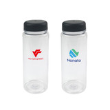 A drink bottle featuring a clear design with a black lid, showcasing two logos on its surface.