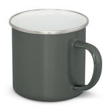 A green enamel mug with a white inner surface and a metallic rim, featuring a handle and branding.