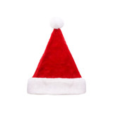 A plush red Santa hat with a white fur trim and a pom-pom on top.