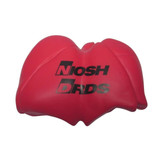 A red lung-shaped stress reliever with a logo on its surface.