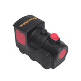 A black and red locomotive-shaped stress reliever with a logo on top.