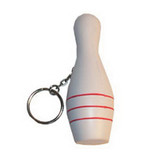 A white bowling pin-shaped stress reliever with red stripes attached to a keyring.