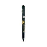 A green metal pen with a pointed tip and a logo on the barrel.
