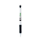 A grey-lead pencil with a white body, a black rubber grip, and a logo printed on it.