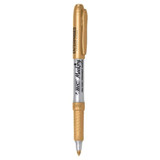 A metallic gold permanent marker with a textured grip and a clip, featuring branding on the barrel.
