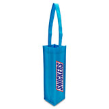 A blue non-woven single wine tote bag with a long handle and a logo.