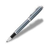 A rollerball pen in blue-grey with silver accents and a clip, featuring a sleek design.
