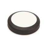 A round black and white product with a smooth surface and a slightly raised edge. It features a logo on the top.