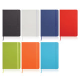 A collection of A5 leather-look notebooks in various colours: black, white, navy, red, green, orange, and blue.