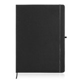 A black A4 leather-look notebook journal with an elastic closure and a bookmark ribbon.