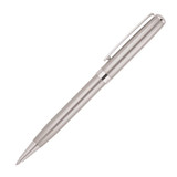 A metal ballpoint pen in a sleek silver finish, featuring a clip and a branded design.