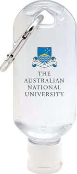 A clear hand sanitiser gel bottle with a carabiner, holding 75% alcohol and featuring a logo.