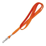 An orange polyester lanyard with a silver clip, featuring a tubular design.